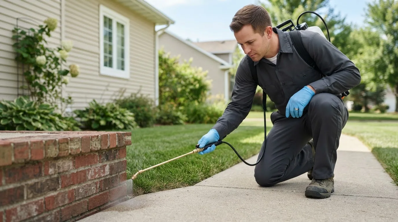 Pest control technician treating a home near Dover, MN