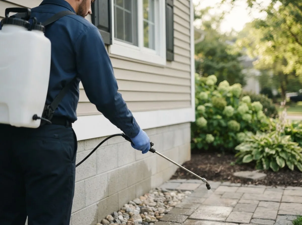Pest control technician inspecting a home in Dover, MN